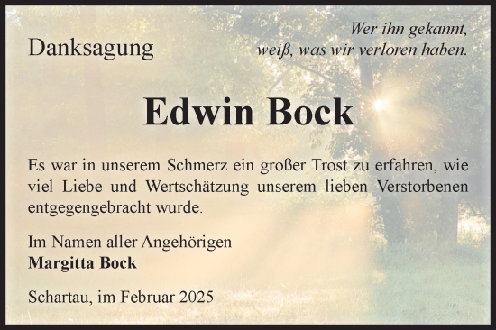 Traueranzeige von Edwin Bock von Volksstimme Burg/Genthin