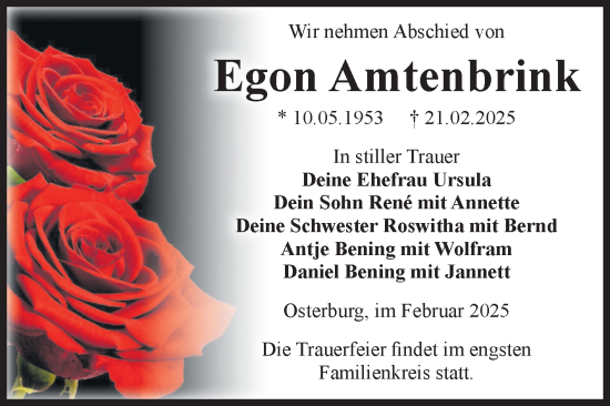 Traueranzeige von Egon Amtenbrink von Volksstimme Altmark Ost