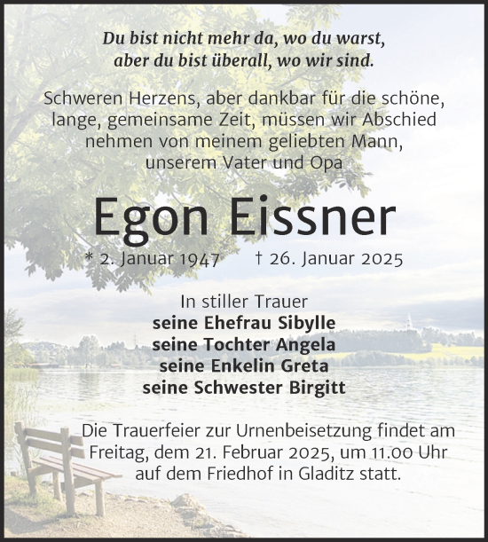 Traueranzeige von Egon Eissner von Trauerkombi Zeitz