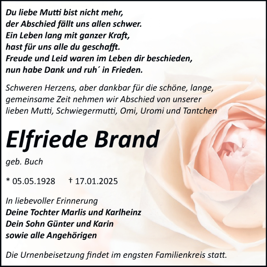 Traueranzeige von Elfriede Brand von Trauerkombi Bitterfeld