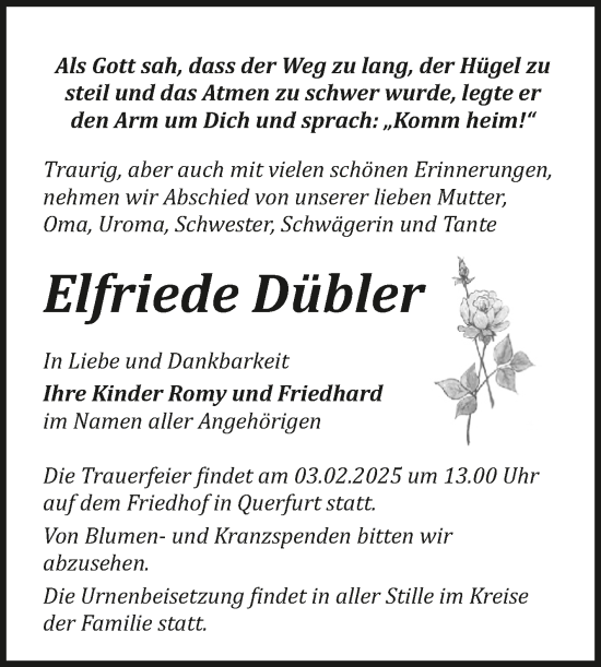 Traueranzeige von Elfriede Dübler von Trauerkombi Merseburg