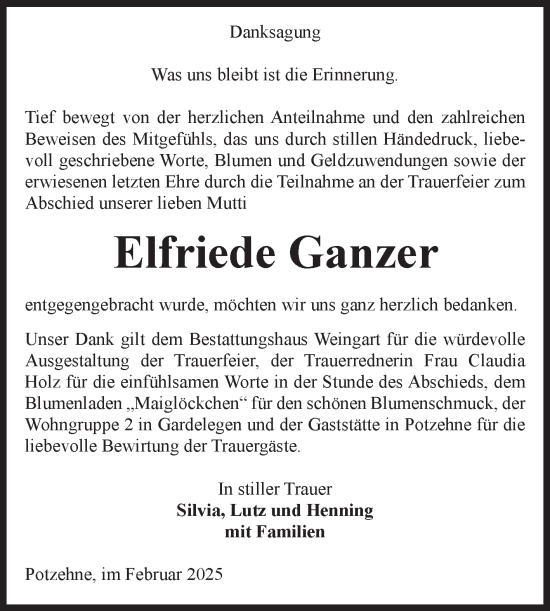 Traueranzeige von Elfriede Ganzer von Volksstimme Altmark West