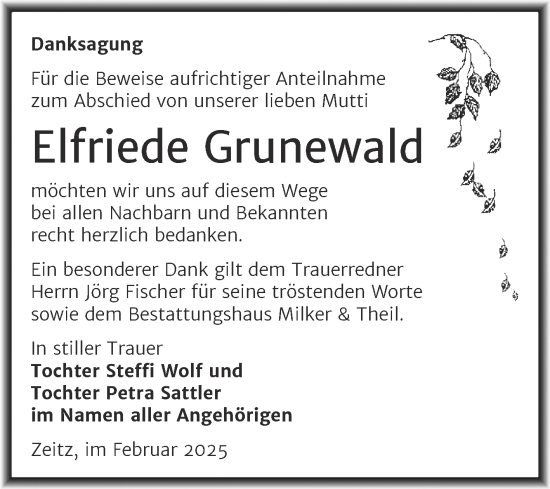 Traueranzeige von Elfriede Grunewald von Trauerkombi Zeitz