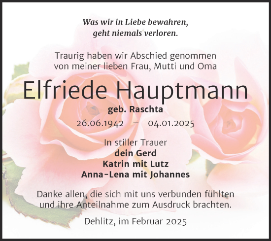 Traueranzeige von Elfriede Hauptmann von Trauerkombi Weißenfels
