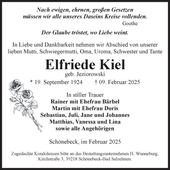 Traueranzeige von Elfriede Kiel von Volksstimme Schönebeck