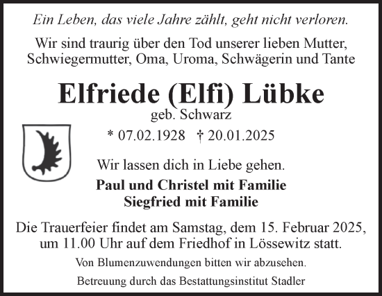 Traueranzeige von Elfriede  Lübke von Volksstimme Haldensleben/Wolmirstedt