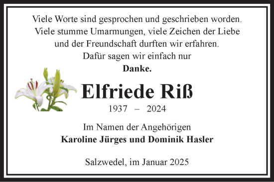 Traueranzeige von Elfriede Riß von Volksstimme Altmark West