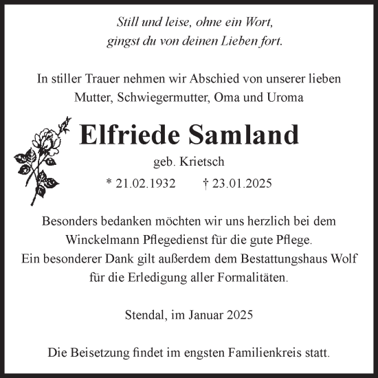 Traueranzeige von Elfriede Samland von Volksstimme Altmark Ost