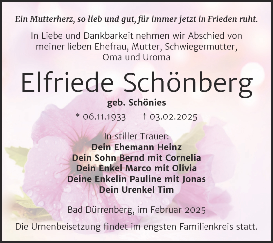 Traueranzeige von Elfriede Schönberg von Trauerkombi Merseburg