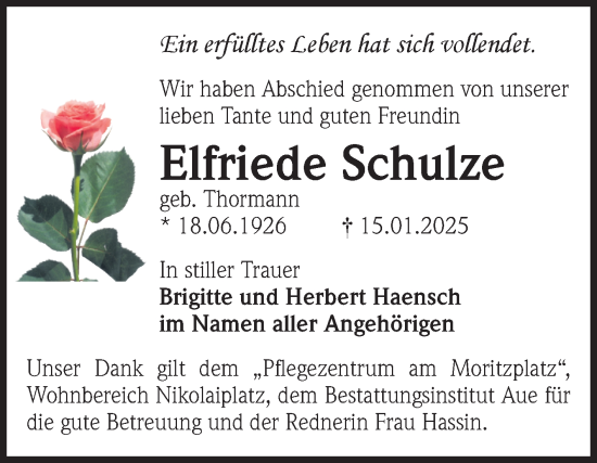 Traueranzeige von Elfriede Schulze von Volksstimme Magdeburg