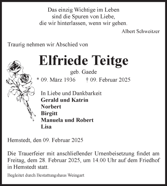 Traueranzeige von Elfriede Teitge von Volksstimme Altmark West