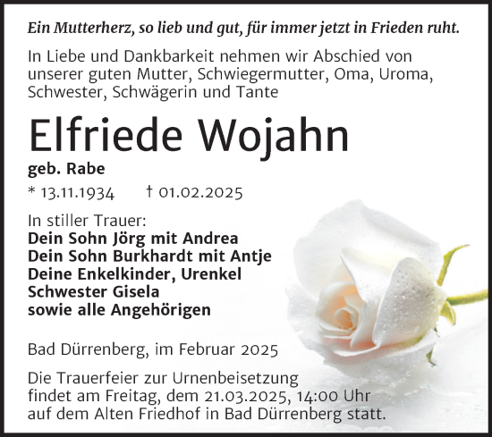 Traueranzeige von Elfriede Wojahn von Trauerkombi Merseburg