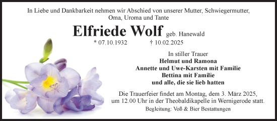 Traueranzeige von Elfriede Wolf von Volksstimme Wernigerode
