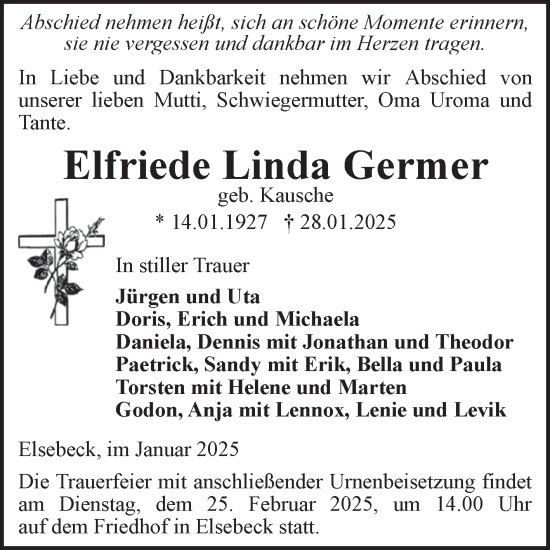 Traueranzeige von Elfriede Linda Germer von Volksstimme Haldensleben/Wolmirstedt
