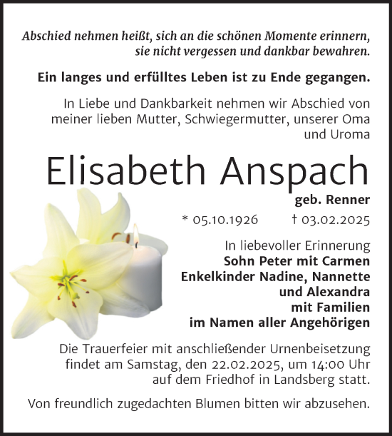 Traueranzeige von Elisabeth Anspach von Mitteldeutsche Zeitung Halle/Saalkreis