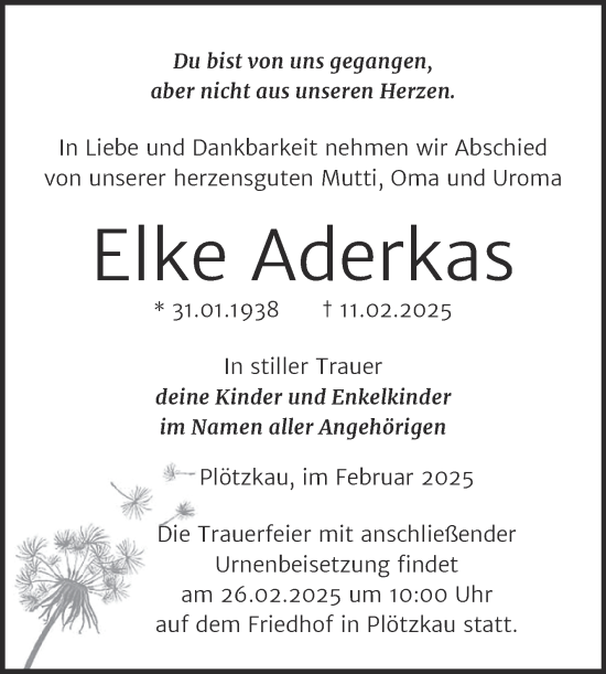 Traueranzeige von Elke Aderkas von Trauerkombi Bernburg