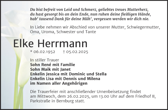 Traueranzeige von Elke Herrmann von Trauerkombi Bernburg