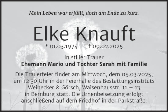 Traueranzeige von Elke Knauft von Trauerkombi Bernburg