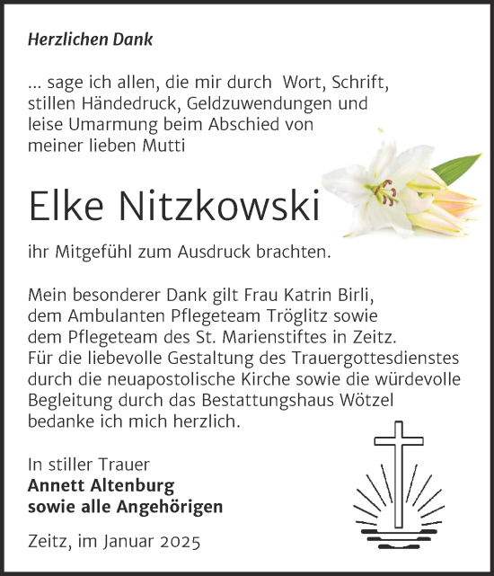 Traueranzeige von Elke Nitzkowski von Trauerkombi Zeitz