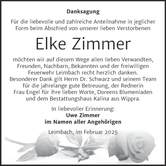 Traueranzeige von Elke Zimmer von Trauerkombi Mansfelder Land