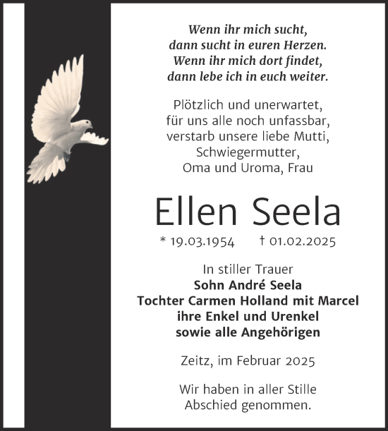 Traueranzeige von Ellen Seela von Trauerkombi Zeitz
