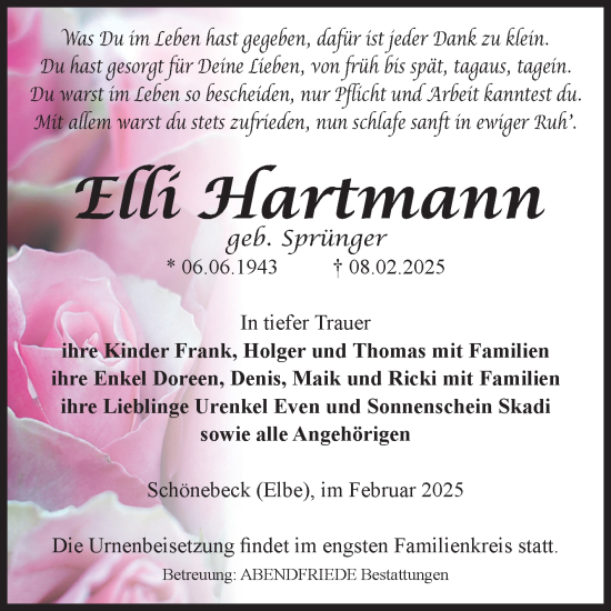 Traueranzeige von Elli Hartmann von Volksstimme Schönebeck