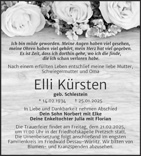 Traueranzeige von Elli Kürsten von Trauerkombi Wittenberg