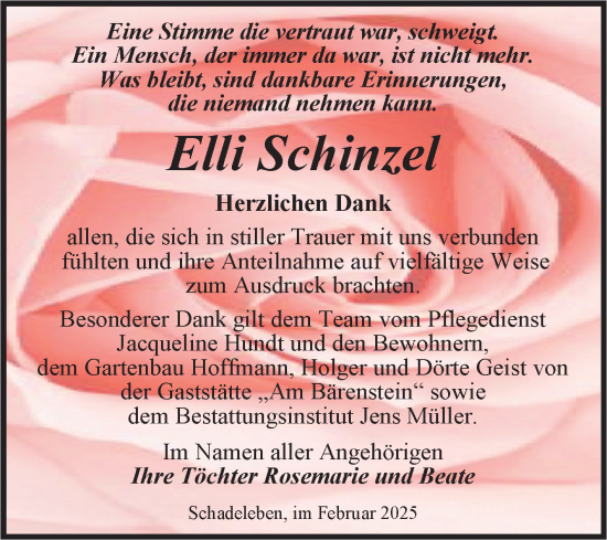 Traueranzeige von Elli Schinzel von Trauerkombi Aschersleben
