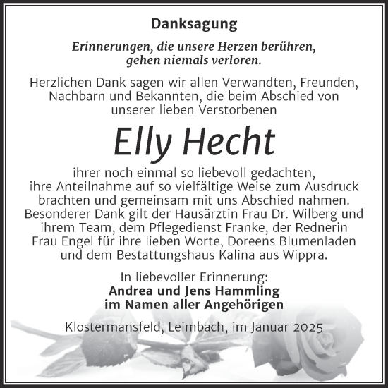 Traueranzeige von Elly Hecht von Trauerkombi Mansfelder Land