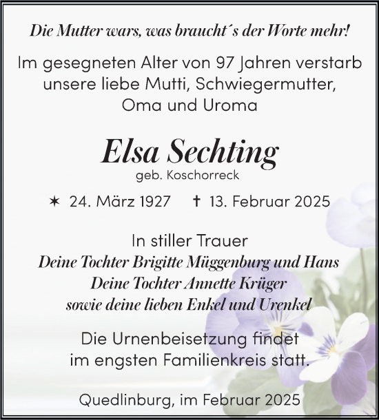Traueranzeige von Elsa Sechting von Super Sonntag Quedlingburg