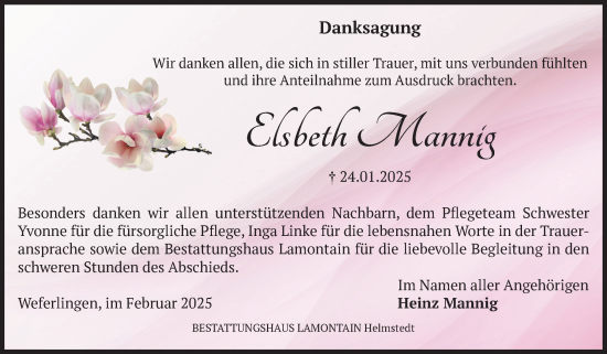 Traueranzeige von Elsbeth Mannig von Volksstimme Haldensleben/Wolmirstedt