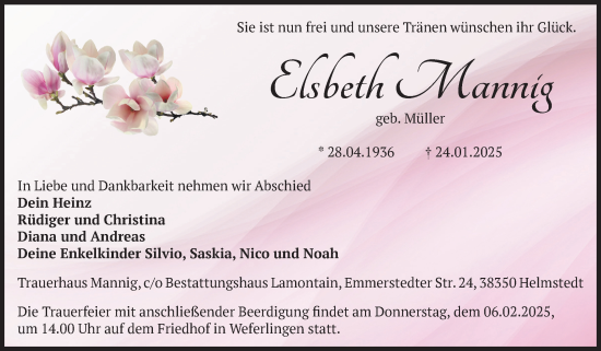 Traueranzeige von Elsbeth Mannig von Volksstimme Haldensleben/Wolmirstedt