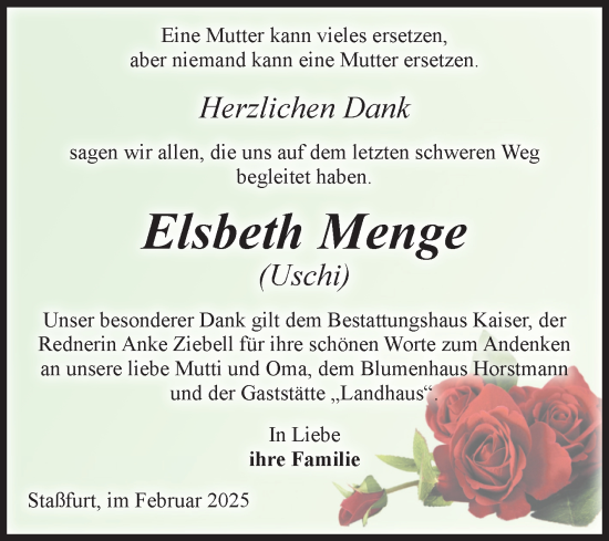Traueranzeige von Elsbeth Menge von Volksstimme Staßfurt
