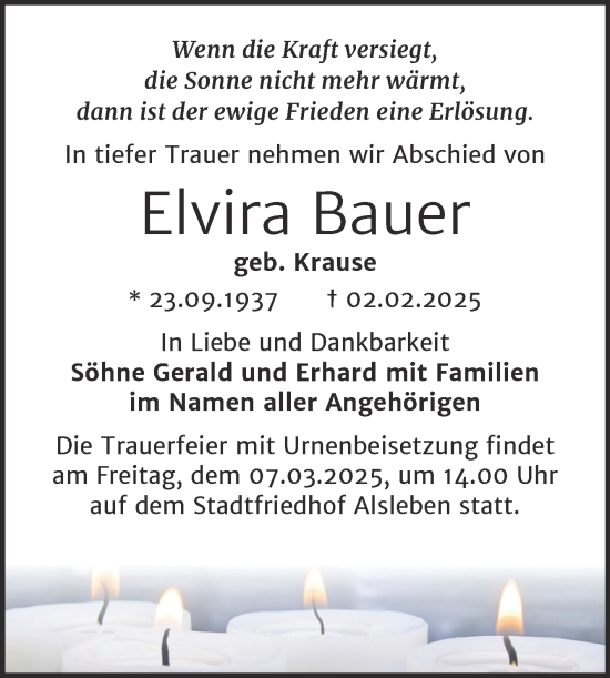 Traueranzeige von Elvira Bauer von Trauerkombi Bernburg