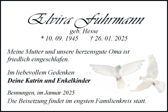 Traueranzeige von Elvira Fuhrmann von Trauerkombi Sangerhausen
