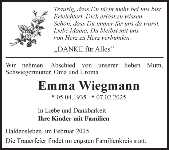 Traueranzeige von Emma Wiegmann von Volksstimme Haldensleben/Wolmirstedt