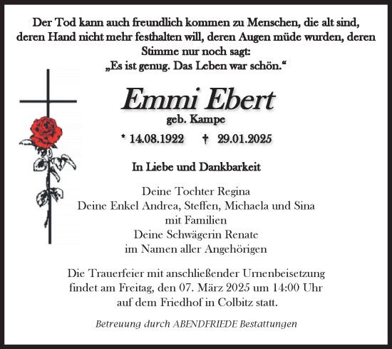 Traueranzeige von Emmi Ebert von Volksstimme Haldensleben/Wolmirstedt