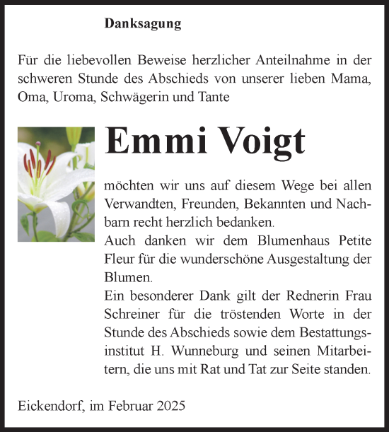 Traueranzeige von Emmi Voigt von Volksstimme Schönebeck