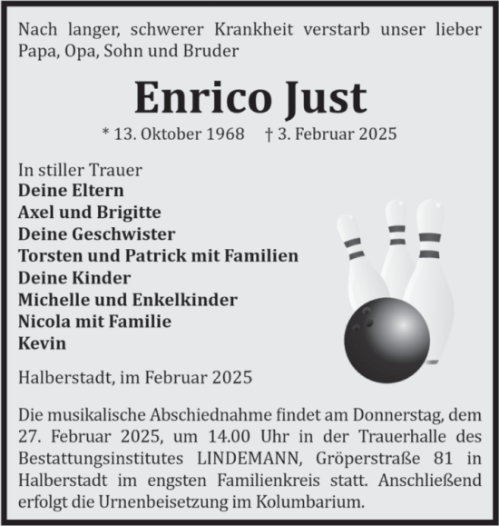 Traueranzeige von Enrico Just von Volksstimme Halberstadt