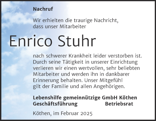 Traueranzeige von Enrico Stuhr von Super Sonntag Köthen
