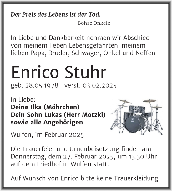 Traueranzeige von Enrico Stuhr von Trauerkombi Köthen