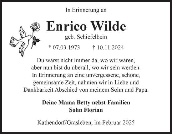 Traueranzeige von Enrico Wilde von Volksstimme Haldensleben/Wolmirstedt