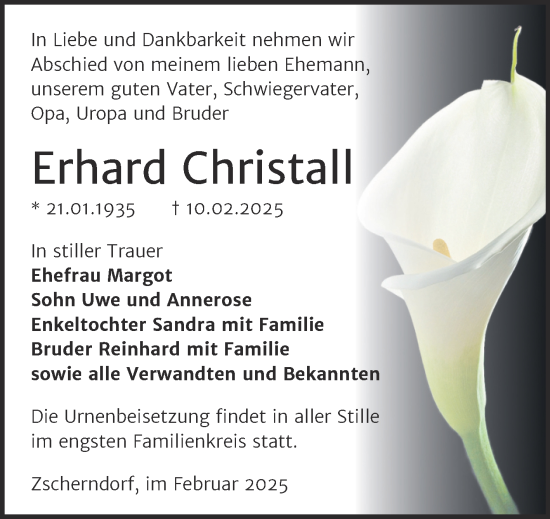 Traueranzeige von Erhard Christall von Trauerkombi Bitterfeld