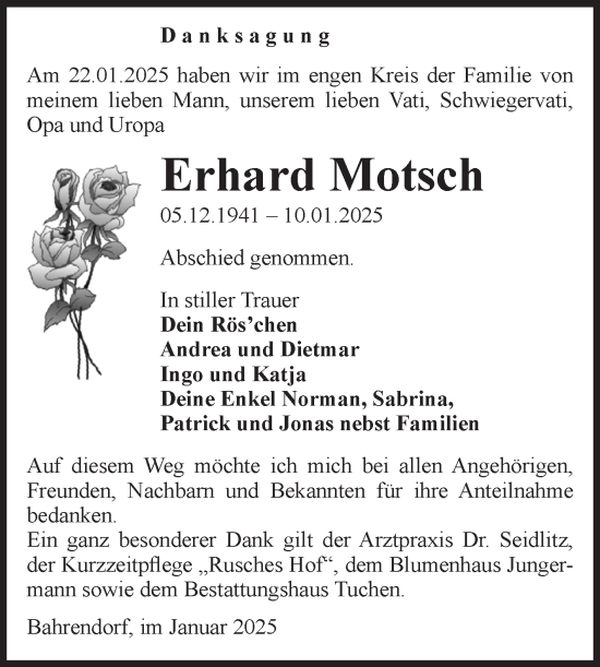 Traueranzeige von Erhard Motsch von Volksstimme Oschersleben/Wanzleben