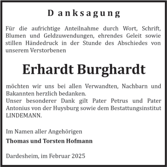 Traueranzeige von Erhardt Burghardt von Volksstimme Halberstadt