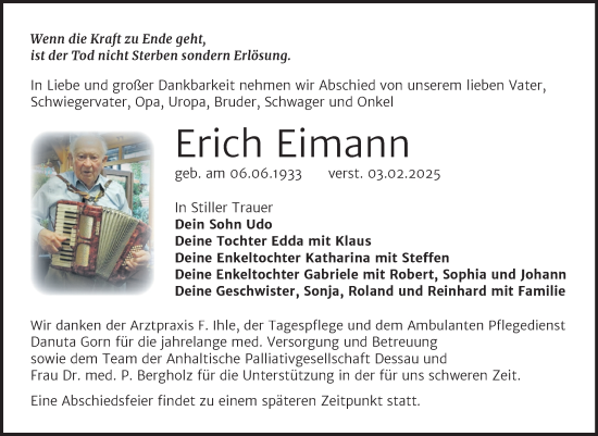 Traueranzeige von Erich Eimann von Trauerkombi Bitterfeld