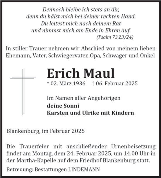 Traueranzeige von Erich Maul von Volksstimme Wernigerode