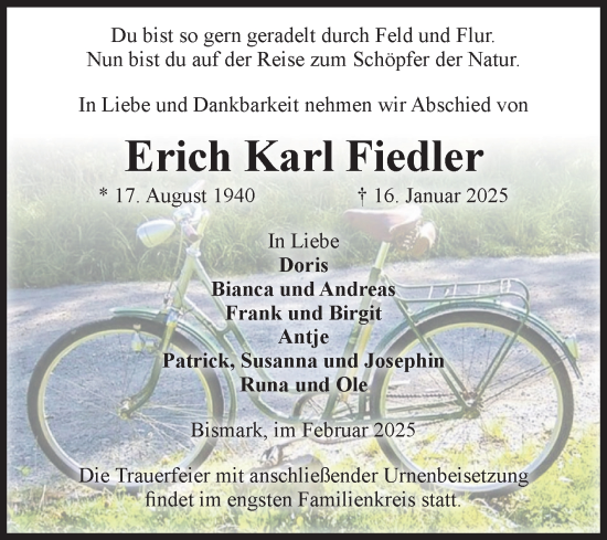 Traueranzeige von Erich Karl Fiedler von Volksstimme Altmark Ost