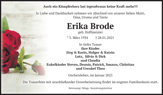 Traueranzeige von Erika Brode von Volksstimme Oschersleben/Wanzleben