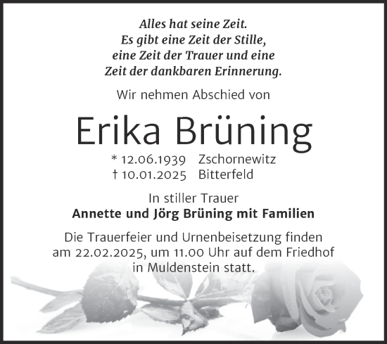 Traueranzeige von Erika Brüning von Trauerkombi Bitterfeld